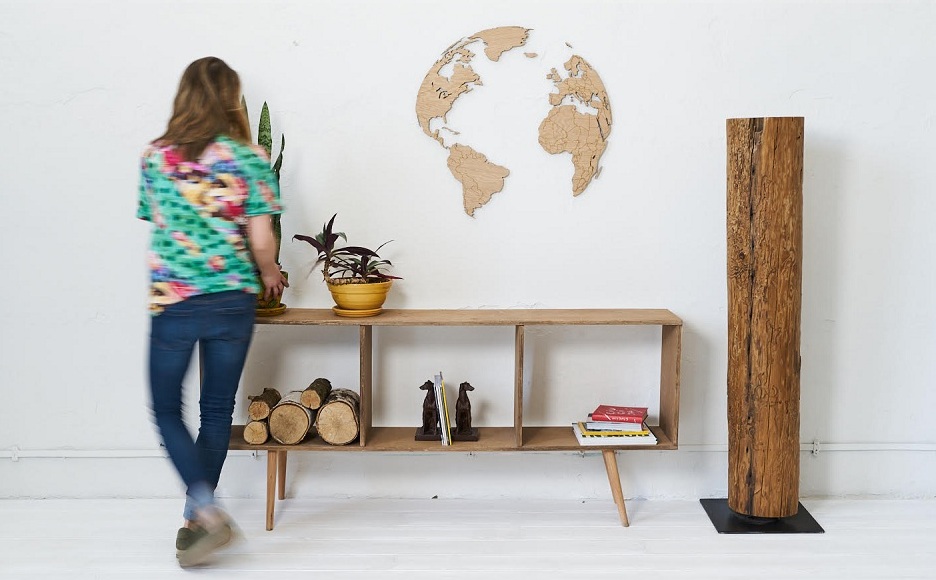 Wooden world map Globe in studio